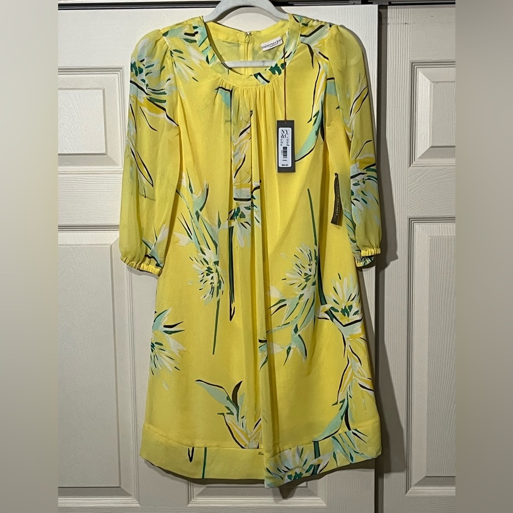 New York & Company Long-Sleeve Yellow Floral Print Dress. Size-XS. New with Tags